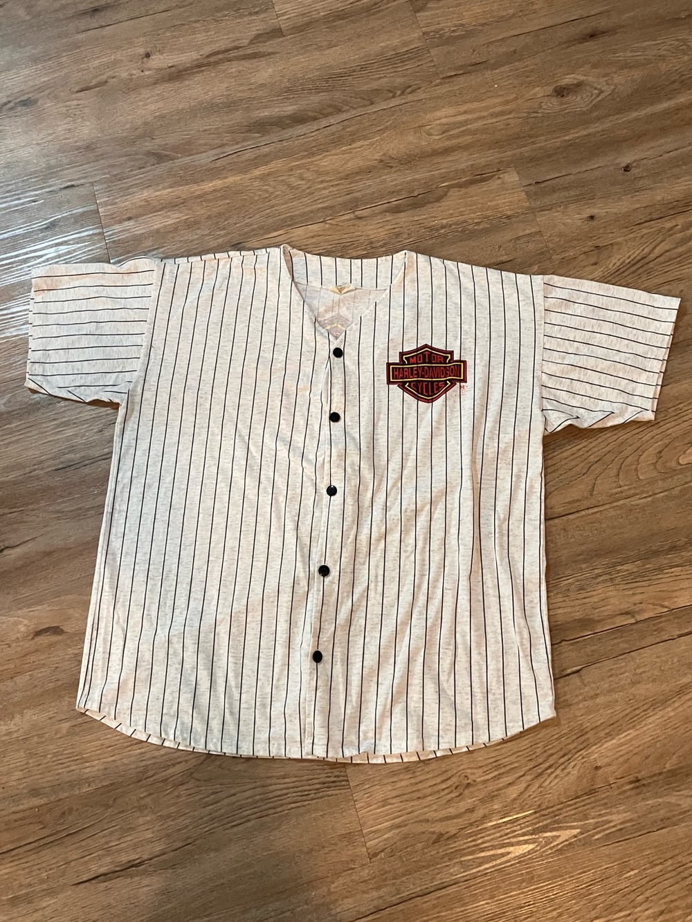 Vtg 1987 Harley Davidson Pinstripe Baseball Jersey Tee Button Up HD Graphic | XL